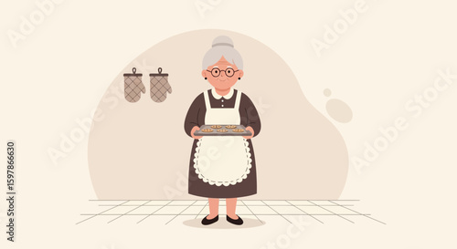 Happy Grandmother Holds a Tray of Freshly Baked Cookies For Holiday