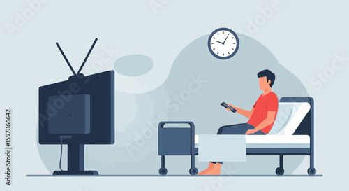 Man Resting And Watching Television In Hospital During Recovery