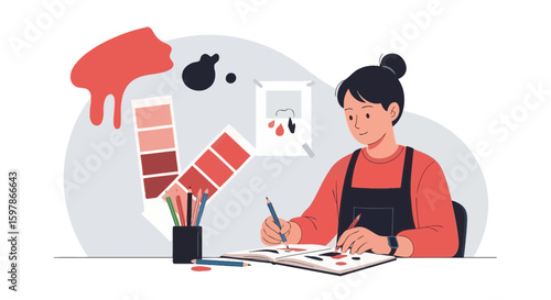 Creative Young Woman Artist Painting A Watercolor Design In Her Studio
