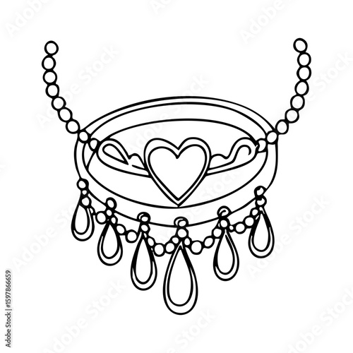 Vector line art of a vintage necklace with heart pendant and teardrop beads, Coquette Aesthetic