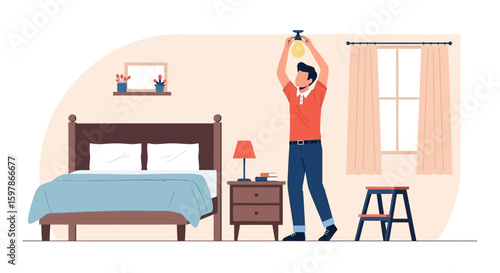 Man Replacing A Light Bulb In Bedroom Home Renovation Project