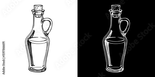 Glass bottle with oil, cork, and handle, isolated hand-drawn vector image in two design variants - on transparent and black background, chalk drawing
