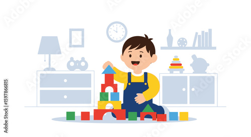 Happy Little Boy Is Playing With Colorful Wooden Blocks At Home