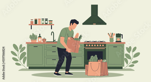 Man Returning Home With Groceries In A Stylish And Modern Kitchen Design