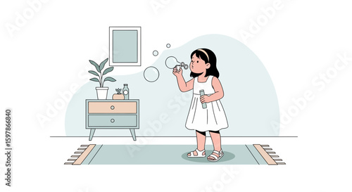Happy Little Girl Blowing Bubbles Indoors Enjoying Childhood Games And Activities