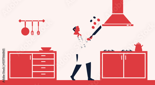 Culinary Arts Chef Displaying Pancake Expertise In A Stylized Red Kitchen