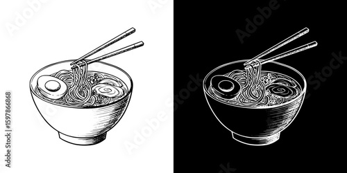 Isolated vector image of noodle bowl with chopsticks, isolated hand-drawn vector image in two design variants - on transparent and black background, chalk drawing
