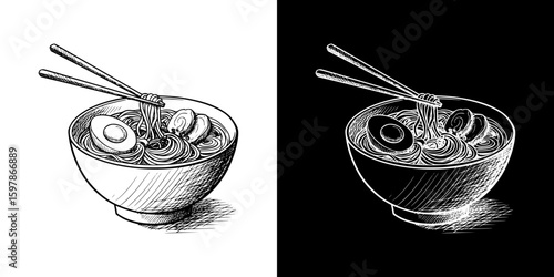 Ramen bowl with eggs and chopsticks in chalk drawing style, isolated hand-drawn vector image in two design variants - on transparent and black background