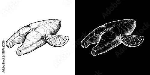 Isolated vector image of salmon steak with lemon, hand-drawn image in two design variants - on transparent and black background, chalk drawing
