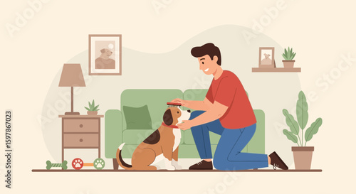 Happy Man Is Brushing His Dog At Home In A Cozy And Relaxing Place
