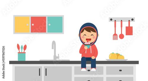 Cute Boy Enjoying A Cupcake Sitting On The Kitchen Counter Illustration