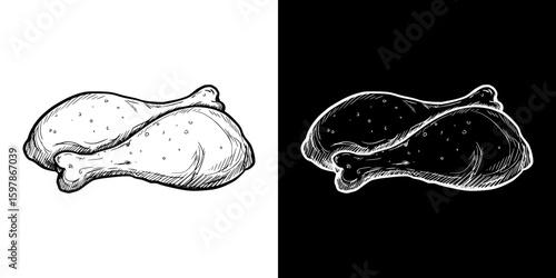 Chalk drawing of chicken drumsticks , isolated hand-drawn vector image in two design variants - on transparent and black background, chalk drawing
