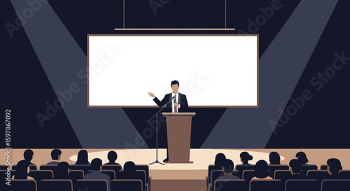 Business Presentation With Speaker On Stage And Audience Watching Whiteboard