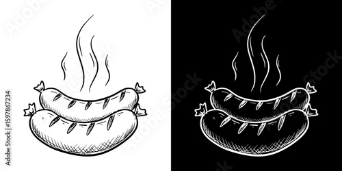 Illustration of two hot sausages, isolated hand-drawn vector image in two design variants - on transparent and black background, chalk drawing
