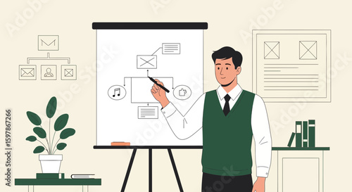 Businessman Explaining Business Plan On Flipchart With Elegant Work Environment