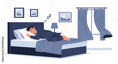 Man Sleeping Peacefully In Bedroom With Dark Blue Shades Illustration