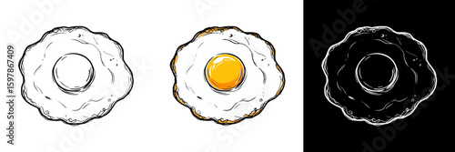 fried egg, isolated hand-drawn vector image, chalk drawing, three design variants - on transparent and black backgrounds, and colored