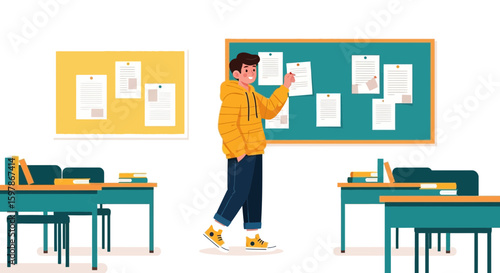 Happy Student Puts Paper On A Bulletin Board In A Classroom Scene