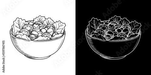 Isolated vector image of bowl of salad, hand-drawn image in two design variants - on transparent and black background, chalk drawing
