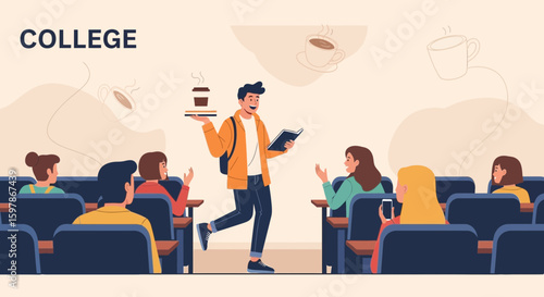 Happy Student Serving Coffee During Lecture Illustration Back To School Concept