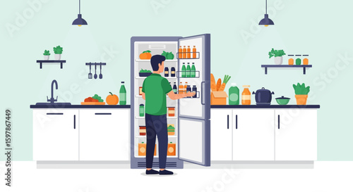 Man Standing In The Kitchen Opening The Refrigerator Holding A Drink Bottle