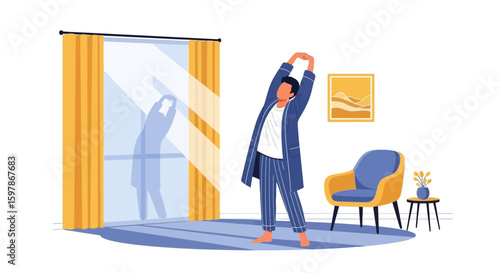 Man Stretching In Morning Light Enjoys A Relaxing Day At Home