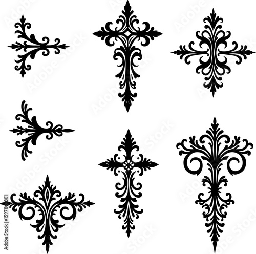 Set of black and white floral ornaments, pattern, vector, design, floral, decoration, ornament, flower, tattoo, art, illustration, element, seamless, vintage, wallpaper, ornate, black, leaf, style, cr