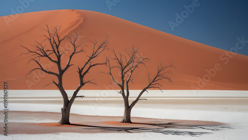Lonely dead tree standing in snowy desert landscape at sunrise