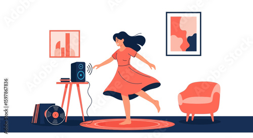 Carefree Woman Dancing Freely To Music In Cozy Living Room With Modern Decor