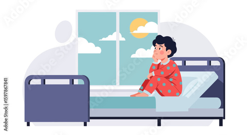 Daydreaming Young Boy In Pajamas Sitting On Bed Looking Out Window