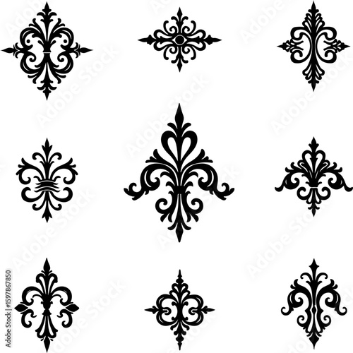Set of black and white floral ornaments, pattern, vector, design, floral, decoration, ornament, flower, tattoo, art, illustration, element, seamless, vintage, wallpaper, ornate, black, leaf, style, cr
