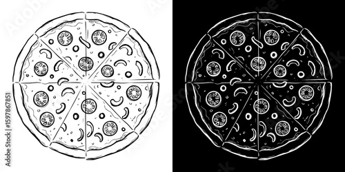 Isolated vector image of pizza, hand-drawn image in two design variants - on transparent and black background, chalk drawing
