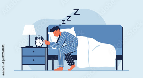 Man Turns Off Alarm Clock After Waking Up From Sleeping In Bedroom