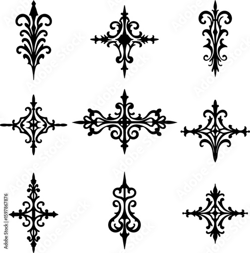 Set of black and white floral ornaments, pattern, vector, design, floral, decoration, ornament, flower, tattoo, art, illustration, element, seamless, vintage, wallpaper, ornate, black, leaf, style, cr
