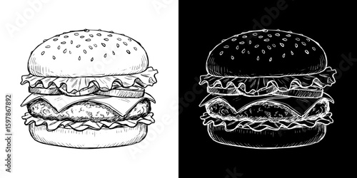 Hamburger drawing in chalk style, isolated hand-drawn vector image in two design variants - on transparent and black background
