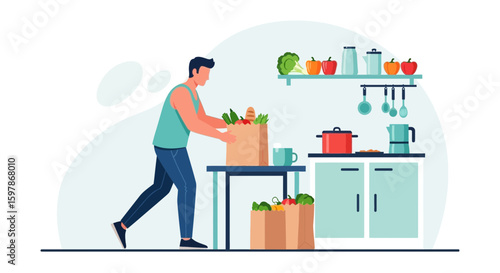 Man Unpacking Groceries Into The Kitchen Promoting Healthy Eating Habits