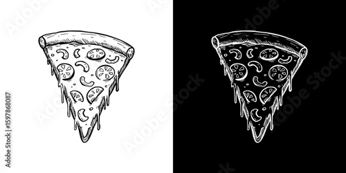 Pizza slice, isolated hand-drawn vector image in two design variants - on transparent and black background, chalk drawing
