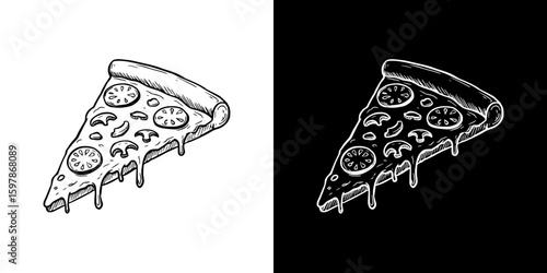 Slice of pizza illustration in chalk drawing, isolated hand-drawn vector image in two design variants - on transparent and black background