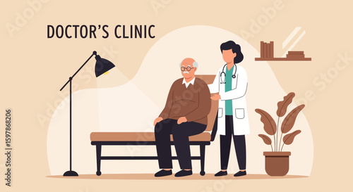 Caring Doctor Examining Senior Patient In Clinic With Lamp And Plant Pot