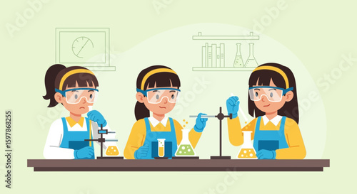 Enthusiastic Young Scientists Conduct Experiments In A School Laboratory Or Science Fair