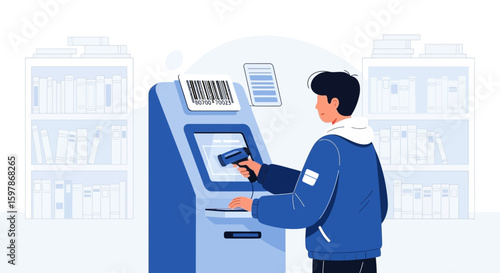 Man Using Self Checkout In Library With Scanner And Bookshelf Modern Illustration