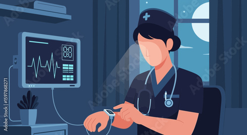 Dedicated Healthcare Professional Monitoring Patient Vitals During a Night Shift Work