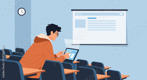 Man Using Tablet Computer During Lecture In A Class Modern Classroom