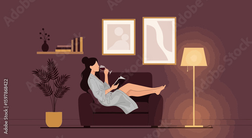Evening Relaxation Woman Reading a Book Drinking Wine in a Cozy Room
