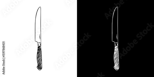 Isolated vector image of a knife in chalk drawing style, two design variants - on transparent and black background
