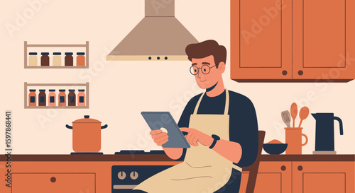 Man Using Tablet In Kitchen Following Online Recipe Illustration Concept