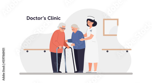 Caring Nurse Assisting Elderly Patients With Mobility In Doctor's Clinic Illustration