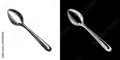 Silver spoon, isolated hand-drawn vector image in two design variants - on transparent and black background, chalk drawing