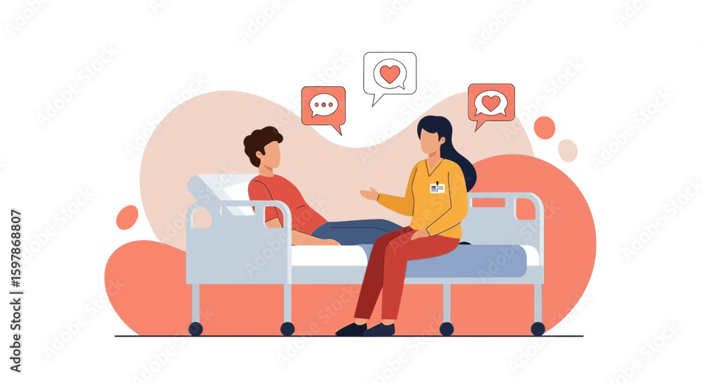 Fototapeta premium Caring Nurse Providing Emotional Support to Patient in Hospital Bed Conversation