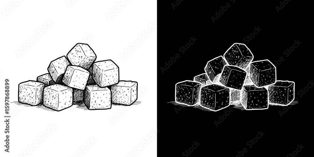 sugar cubes, isolated hand-drawn vector image in two design variants - on transparent and black background, chalk drawing